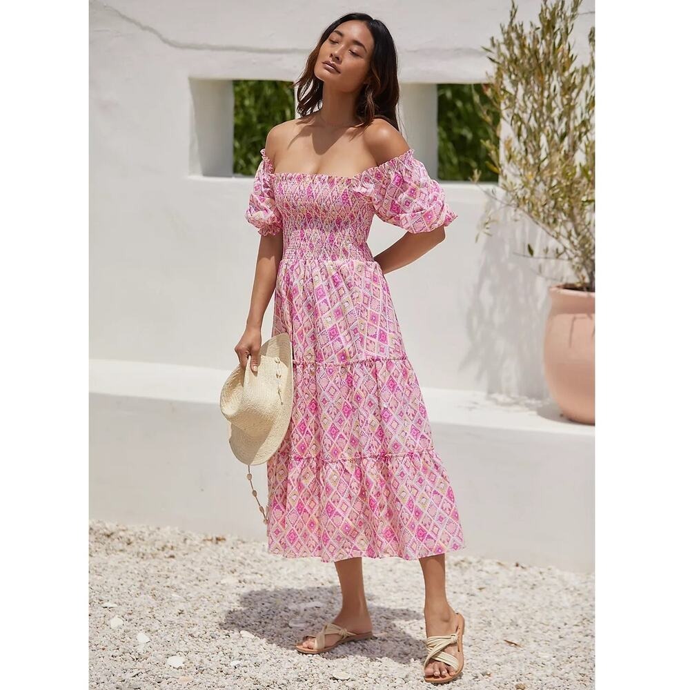 Peixoto Pink Off-Shoulder Midi Dress